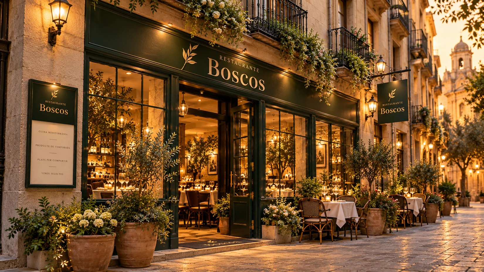 Ilustración digital de una fachada de restaurante de estilo mediterráneo